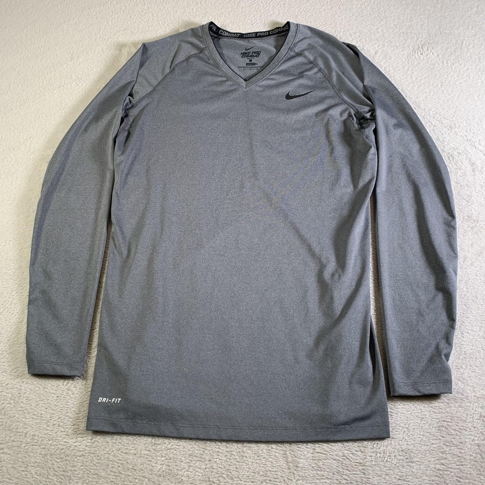 Nike Pro Combat Shirt Mens Large Gray Long Sleeve Athletic Dri-FIT V-Neck Fitted